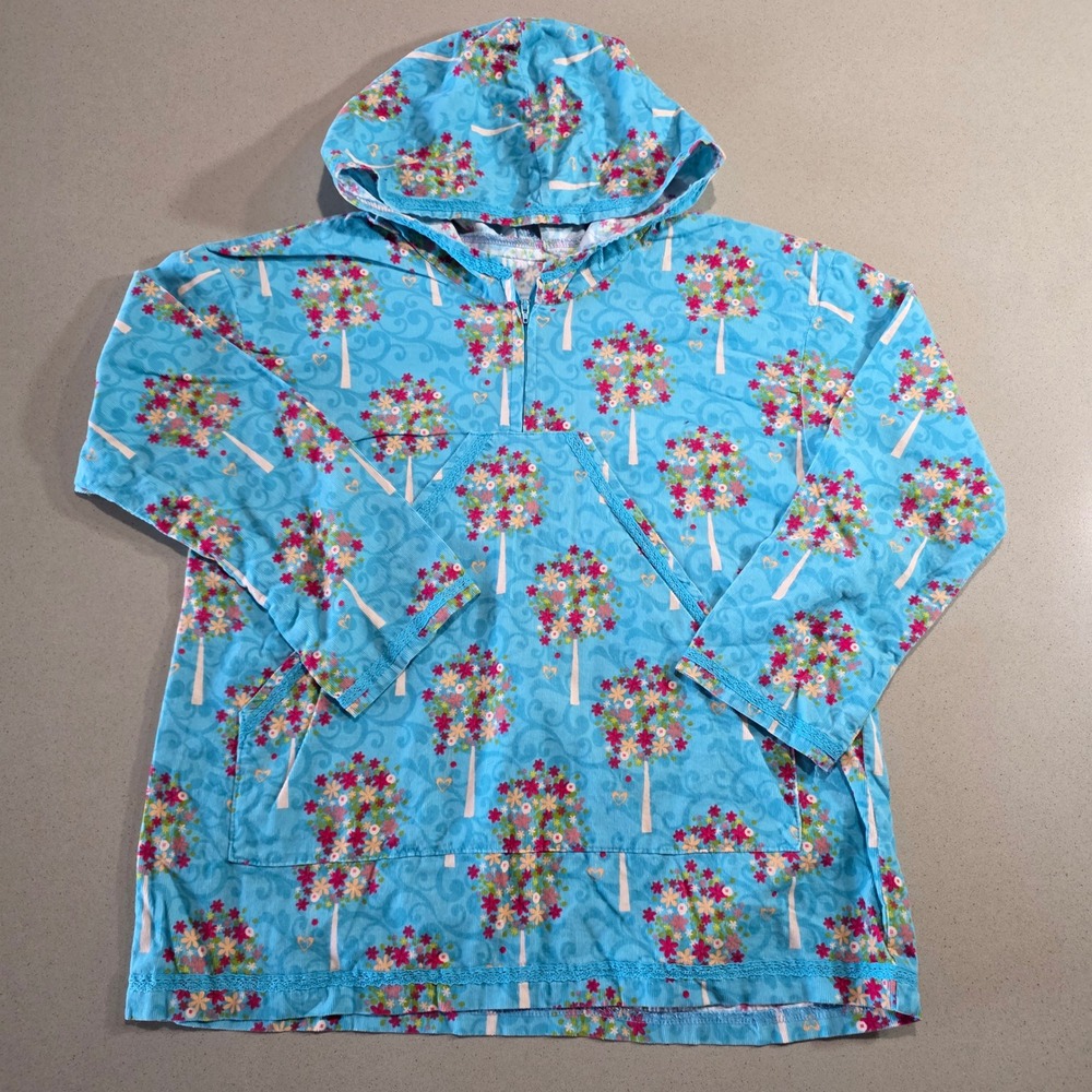 Blue Floral Tree Print Corduroy Hoodie Partial Zip Kangaroo Pocket Lace Trim M